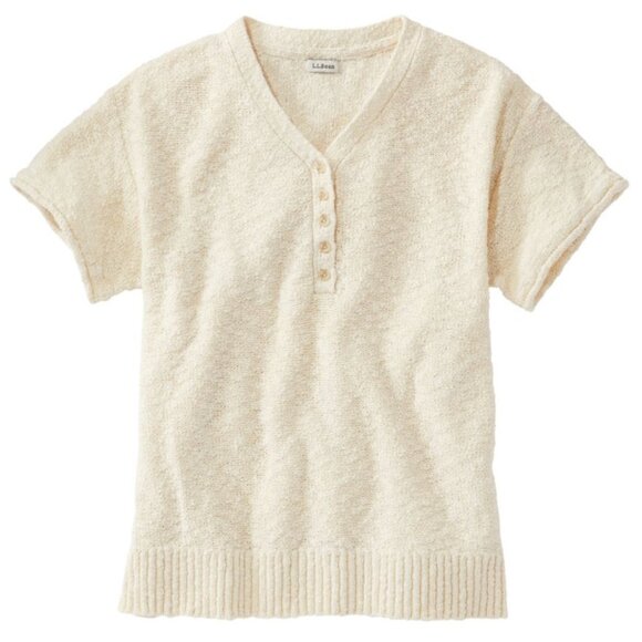 L.L. Bean Midweight Cotton Slub Henley Short Sleeve Sweater Women’s M Paperwhite - Picture 1 of 10